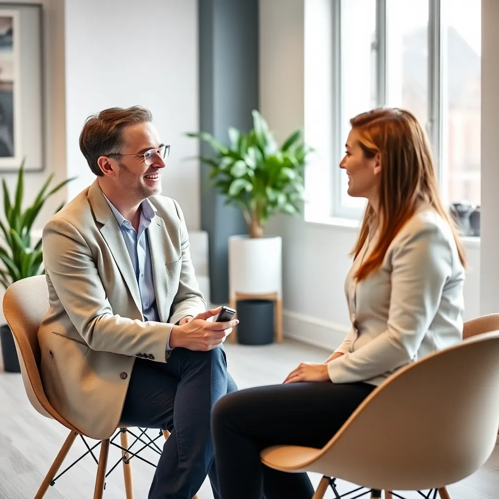 Een coach en cliënt hebben een positief gesprek over persoonlijke ontwikkeling